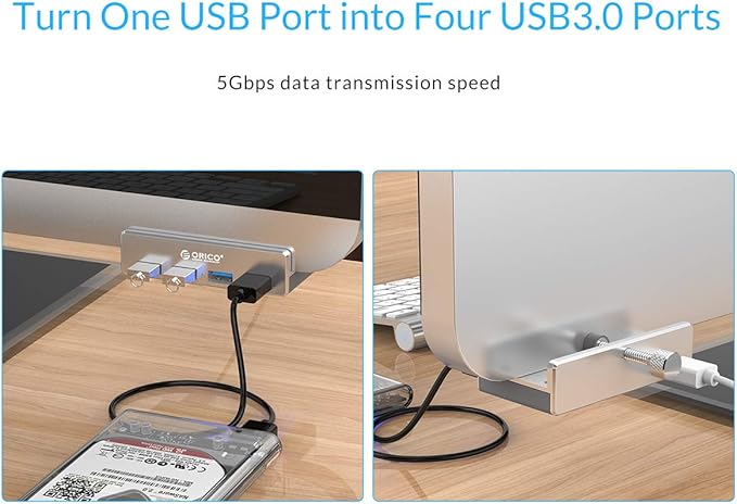 ORICO USB 3.0 Hub Clamp Adapter, Aluminum 4-Port USB Splitter with Extra Power Supply Port and 4.92 FT USB Data Cable, Ultra-Portable USB Expander for 2021 iMac/Laptop/PC-DeskLoop Office