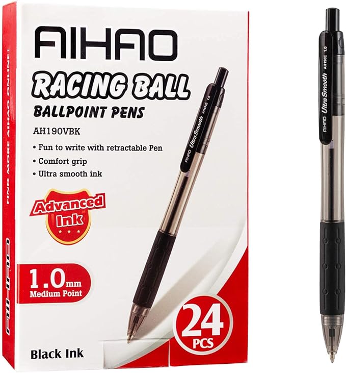 AIHAO Retractable Black Ballpoint Pen for Smooth Writing, Medium Point (1.0mm), Pack of 24, No Bleed Click Pens with Comfort Grip, Idea for Journaling, Planner, Note Taking-DeskLoop Office