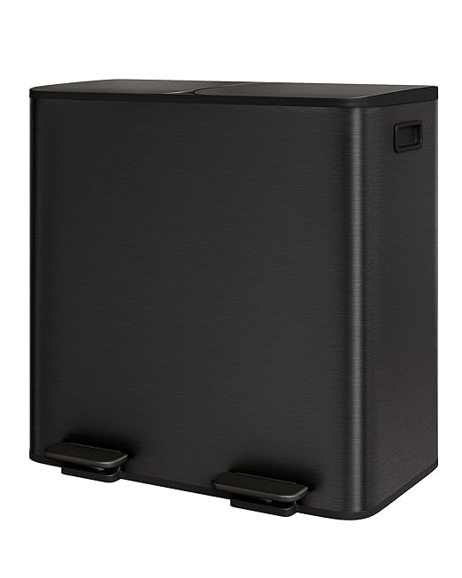 GarveeHome 2 x 10.6 Gallon Stainless Steel Double Trash Can with Lid for Kitchen, Large Dual Trash and Recycle Bin Combo, Step-on Kitchen Metal Garbage Cans, PP Inner Buckets, Liner Rim, Matte Black-DeskLoop Office