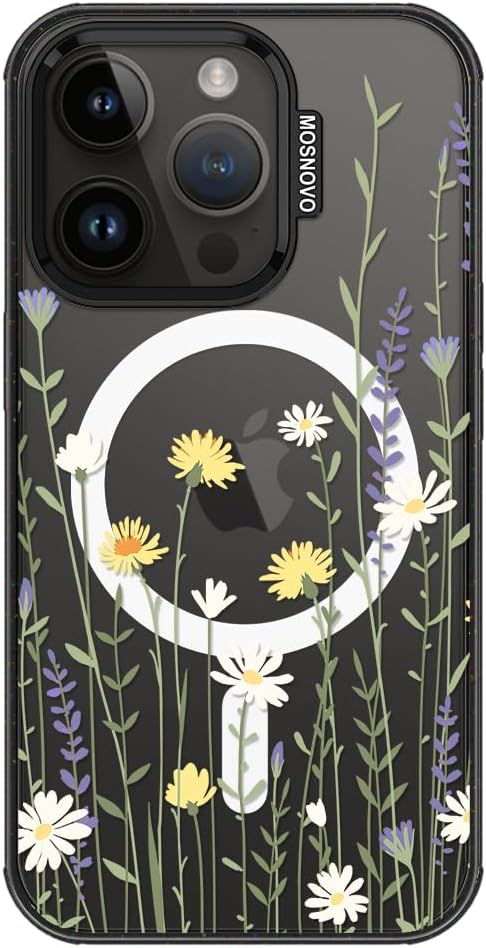 MOSNOVO Magnetic Case for iPhone 14 Pro, 10ft Military-Grade Protection, Compatible with Magsafe, Shockproof Phone Case for iPhone 14 Pro - Wild Meadow - Clear Black-DeskLoop Office
