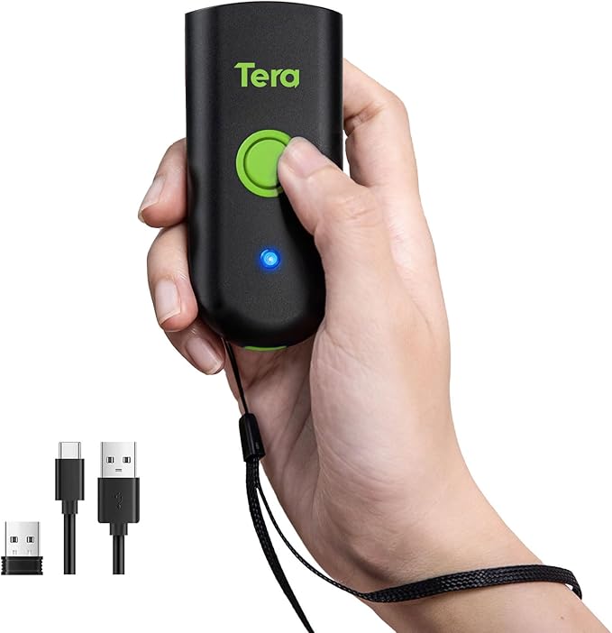 Tera Mini 1D Barcode Scanner: Pocket Waterproof Wireless Laser Scanner 3 in 1 Compatible with Bluetooth USB Wired Portable Bar Code Reader for Store Logistics Work with iOS Windows Android 1100L Green-DeskLoop Office
