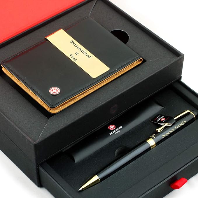 Free engraving - 24K Gold, Mens Leather Money Clips, Roller Ballpen, Ballpoint pen, Ball pen, Groomsmen Gift,Three Lines Each 20 Characters, Free Customization (BLACK)-DeskLoop Office