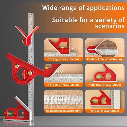 BAUSATZ Combination Square 400mm Carpenter Square Woodworking Square Ruler Protractor Angle Finder Combo Square Tool 180° Angle Ruler Carpenter Tool Combination Square Set with Bubble Level-DeskLoop Office