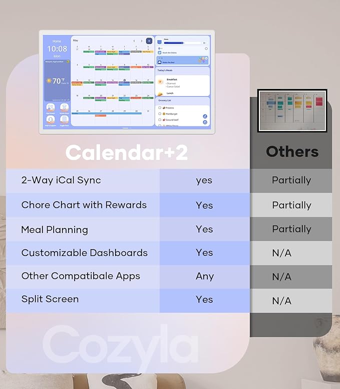 Cozyla Digital Calendar+ 2: 24 inch Wall Planner Touch Screen Chore Chart Customize Dashboard Smart Electronic Calendar for Family Schedules Meal Planner Support Any Google Play App Wall Mount White-DeskLoop Office