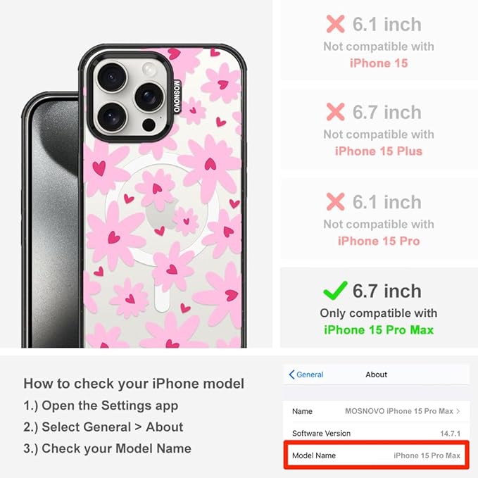 MOSNOVO Magnetic Case for iPhone 15 Pro Max, 10ft Military-Grade Protection, Compatible with Magsafe, Shockproof Phone Case for iPhone 15 Pro Max - Love in Bloom - Clear Black-DeskLoop Office