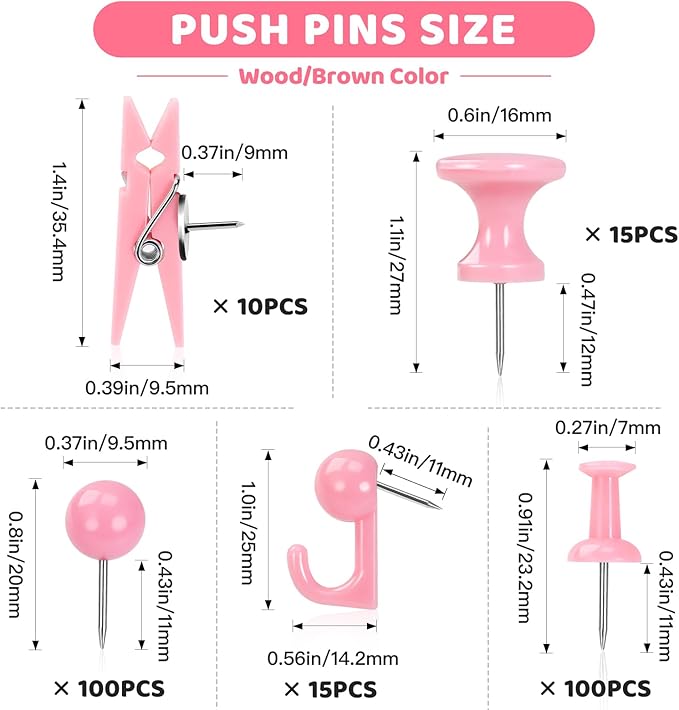240Pcs Pink Thumb Tacks,5 Style Cute Push Pins, Decorative Push Pins for Bulletin Boards, Cork Board, Pink Office Supplies, Office Decor-DeskLoop Office