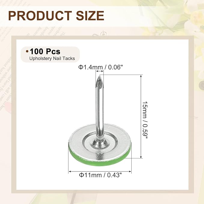 uxcell 100Pcs Upholstery Tacks, 11mmx15mm Flat Head Thumb Tack Decorative Furniture Nails Push Pins for Furniture Sofa Headboards, Light Green-DeskLoop Office
