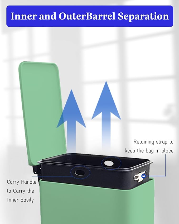 Rubbish Bin with Lid, 10 L, Stainless Steel Bathroom Waste Bin, Small Waste Bin, Pedal Bin, Stainless Steel for Bathroom, Bedroom and Office, Green-DeskLoop Office