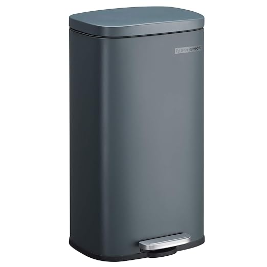 SONGMICS Trash Can with Lid, 8 Gallon Garbage Can, Stainless Steel Small Waste Bin with Step Pedal and Inner Bucket, Soft Close, Kitchen, Greenish Gray ULTB102G01-DeskLoop Office