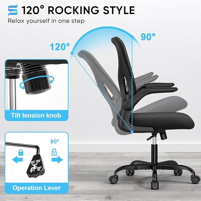 Sytas Ergonomic Desk Chair with Padded Flip up Arms and Supportive Lumbar Support, Breathable Mesh Home Office Chair with Comfortable Cushion for Home or Office(Black)-DeskLoop Office