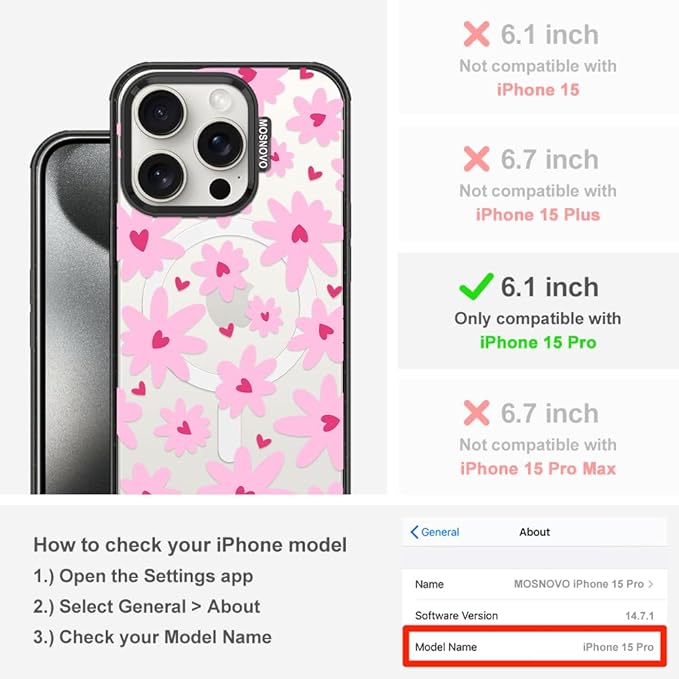 MOSNOVO Magnetic Case for iPhone 15 Pro, 10ft Military-Grade Protection, Compatible with Magsafe, Shockproof Phone Case for iPhone 15 Pro - Love in Bloom - Clear Black-DeskLoop Office