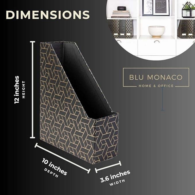 BLU MONACO Set of 4 Stylish Black & Gold Geometric Magazine File Holders with Gold Label Holders – Desk or Bookshelf Storage for Home, Office, Classroom Organization and Décor-DeskLoop Office