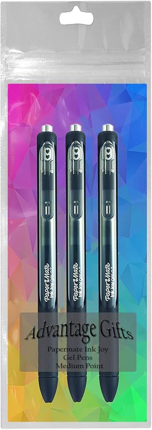 Paper Mate InkJoy Gel Pens, Black Ink, Medium Point (0.7mm), 3 Count, Bundle with Plastic Reusable Pouch-DeskLoop Office