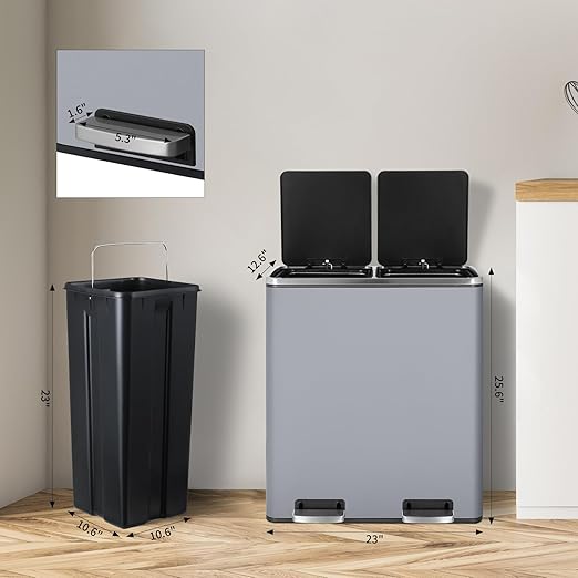 16 Gallon Rectangular Stainless Steel Trash Can, Dual Compartment Garbage Bin with Recycling Combo, Metal Dustbin Lid, Removable Liner, Indoor Hands Free Waste Bucket for Kitchen Home-DeskLoop Office