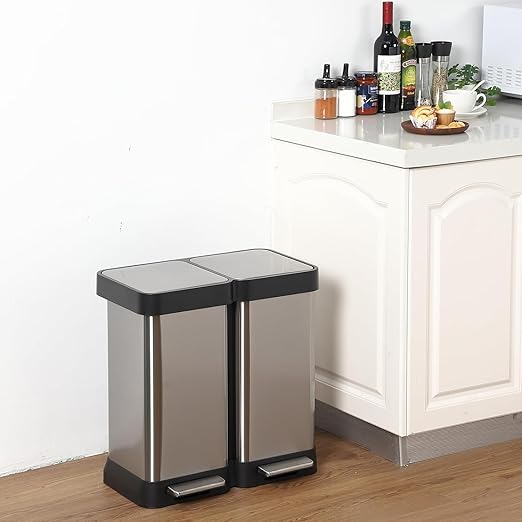 13 Gallon Dual Compartment Trash Can, 2 x 25L Fingerprint Resistant Stainless Steel Kitchen Garbage Can with 2 Soft-Close Lid & Foot Pedal for Kitchen Office Bathroom, Without Inner Bucke-DeskLoop Office