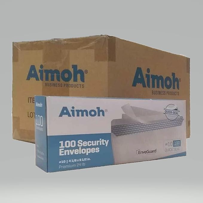 Aimoh #10 Security Tinted Self-Seal Envelopes - No Window - EnveGuard, Size 4-1/8 X 9-1/2 Inches - White - 24 LB - 1 Case - 12 Packs - 1,200 Envelopes (34100-CS)-DeskLoop Office
