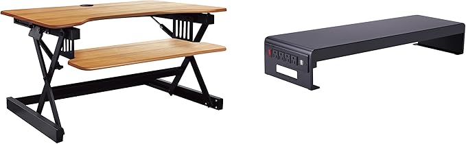 Rocelco 40" Large Height Adjustable Standing Desk Converter with Dual Monitor Stand BUNDLE - Quick Sit Stand Up Computer Workstation Riser - Retractable Keyboard Tray - Teak (R DADRT-40-DMS)-DeskLoop Office