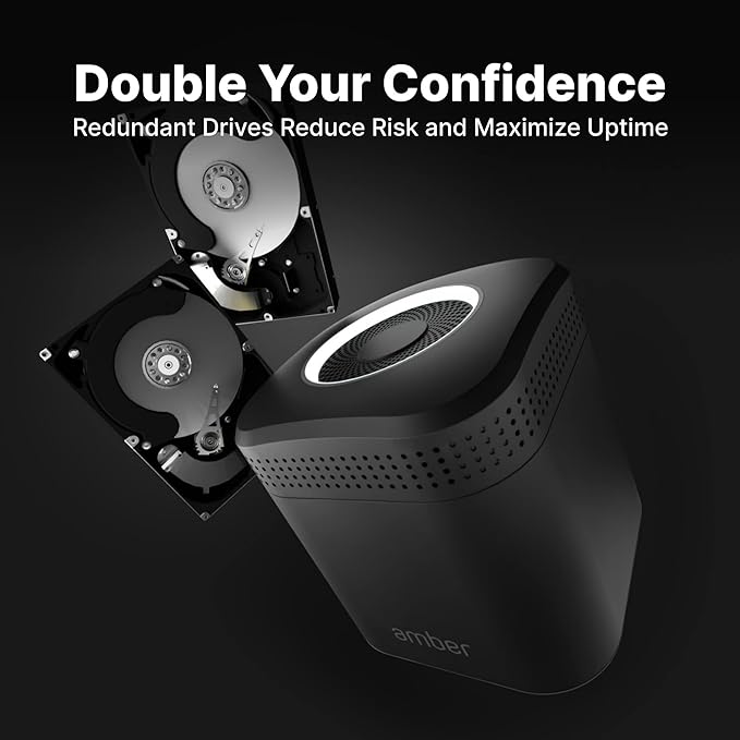 AmberPRO Personal Cloud Storage Device + AC2600 WiFi Router. Dual 1TB Hard Drives with RAID 1 or Optional 2TB with RAID 0. Plex and Home Assistant. iOS/Android/Windows/Mac Compatible. AM1211-1TB-DeskLoop Office