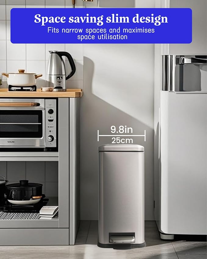 8 Gallon Slim Trash Can with Soft Close Lid, Stainless Steel Trash Can with Removal Inner Bucket, Hand -Free Trash Bin for Kitchen, Office, Laundry, Bathroom, 30 Liter Capacity, Grey-DeskLoop Office