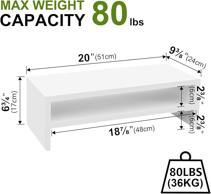 TEAMIX 2 Tier White Monitor Riser Stand, Wood Desktop Stand with storage for Laptop/PC/Printer/Keyboard, TV Stand Shelf Home Office Desk Accessories-DeskLoop Office