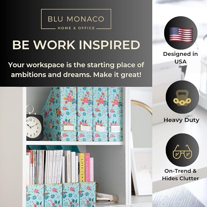 BLU MONACO Floral Magazine Holder, Set of 4 Foldable Magazine File Boxes, Aqua Floral Pattern with Gold Label Holder, Vertical Desk Organizer and Binder Holder-DeskLoop Office