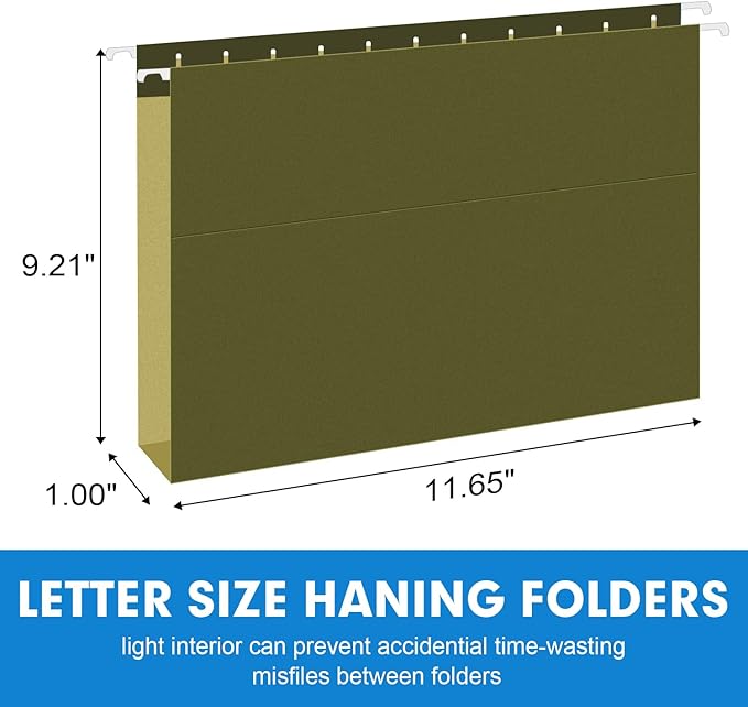 Extra Capacity Hanging File Folders, RAZCC 30 Pack Letter Size Reinforced Hanging Folders with Heavy Duty 1 Inch Expansion for Bulky Files, Filing Cabinet, Adjustable Tabs, Green-DeskLoop Office