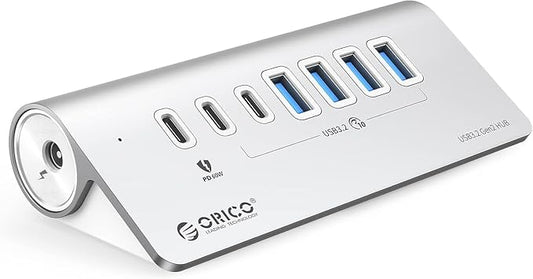 ORICO 7 Port USB Hub 10Gbps, Aluminum USB 3.2 Gen 2 Hub, 6 USB 3.2 Data Ports, 1 PD 60W Ports, 24V 3A Power Adapter, 3.28Ft A to C Cable, USB Data Hub for Laptop-DeskLoop Office
