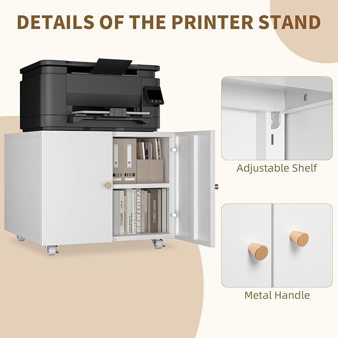 Under Desk Printer Stand with Wheels, Low Printer Stand Storage, Filing Cabinet with Paper Storage Shelf, File Carts with 2 Doors, Mobile Printer Holder for Home Office, School, White-DeskLoop Office