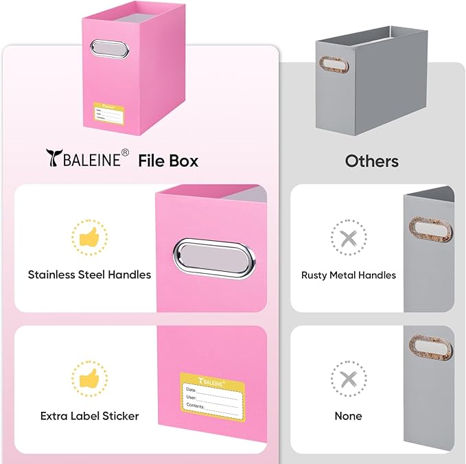 BALEINE File Organizer Box, Cardboard File Folder Organizer with Handle for Letter Size, Portable Collapsible Hanging Filing Box for Home Office Document Storage (4 Pack, Pink)-DeskLoop Office