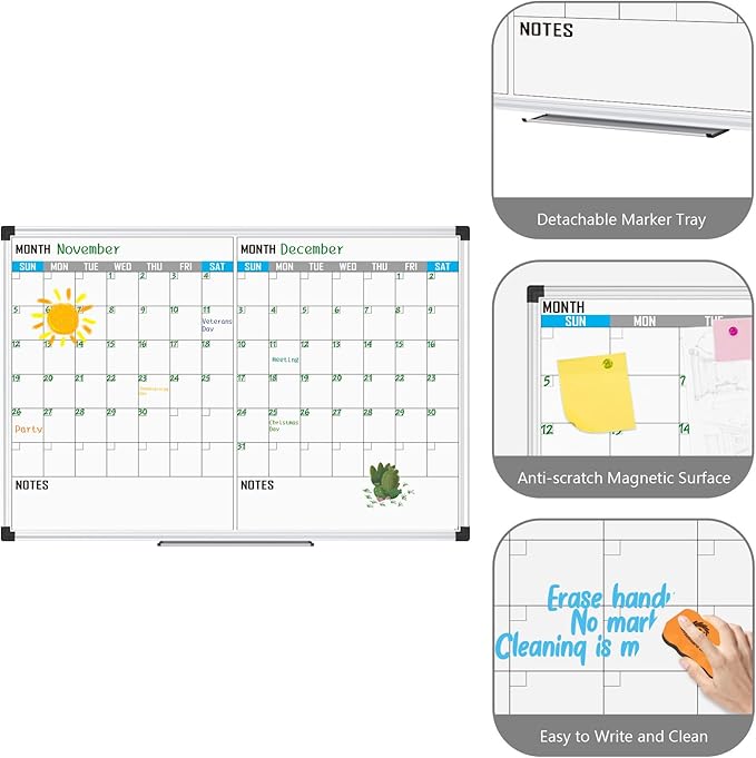 XBoard Magnetic Calendar Whiteboard 48" x 36" - 2 Month Dry Erase Board, White Board + Colorful Calendar Board, Silver Aluminium Framed Monthly Planning Board-DeskLoop Office