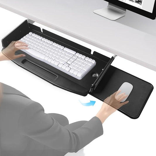 Solid Steel Under Desk Keyboard Tray Slide Out with 360° Rotating Mouse Platform,Keyboard Shelf Sliding,Under Desk Mounted Keyboard Holder,Under Desk Keyboard Drawer 28"Lx11"W-DeskLoop Office