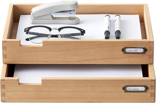 KIRIGEN Wood Desk Organizer Set of 2 Stackable Paper Tray Desktop Document Storage Wooden Letter Trays 2TTP-NA-DeskLoop Office