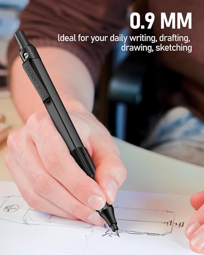 Four Candies 0.9mm Mechanical Pencil Set with Case, 3PCS Metal Artist Lead Pencil with 8 Tubes (480PCS) HB Lead Refills, 3 Erasers, 9 Eraser Refills For Engineer Art Writing Drafting, Black-DeskLoop Office