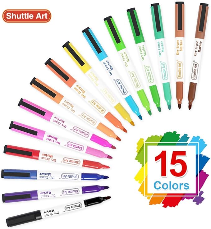 Shuttle Art Dry Erase Markers, 15 Colors Magnetic Whiteboard Markers with Erase,Fine Point Perfect For Writing on Whiteboards, Dry-Erase Boards,Mirrors for School Office Home-DeskLoop Office