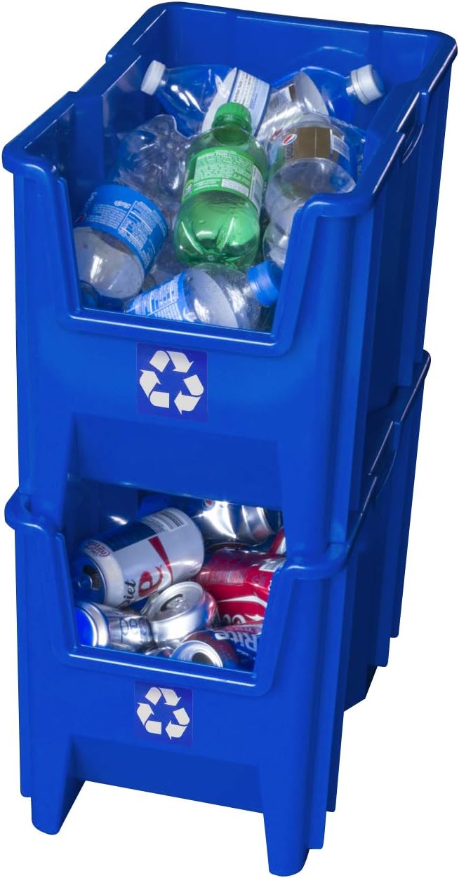 Commercial Industrial Heavy Duty Stackable Open-Front Recycling Bin Box Containers, 7 Gallon, 4 Pack, Blue-DeskLoop Office