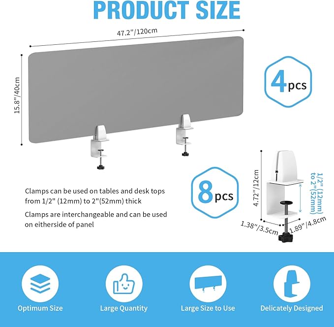 Desk Divider 4 Pcs Desk Privacy Panel 47.2''L x 15.8W'' Office Partitions Grey Acrylic Panel Pack of 4 Desk Divider Partition with Adjustable Universal Base Brand: Yeaborn-DeskLoop Office