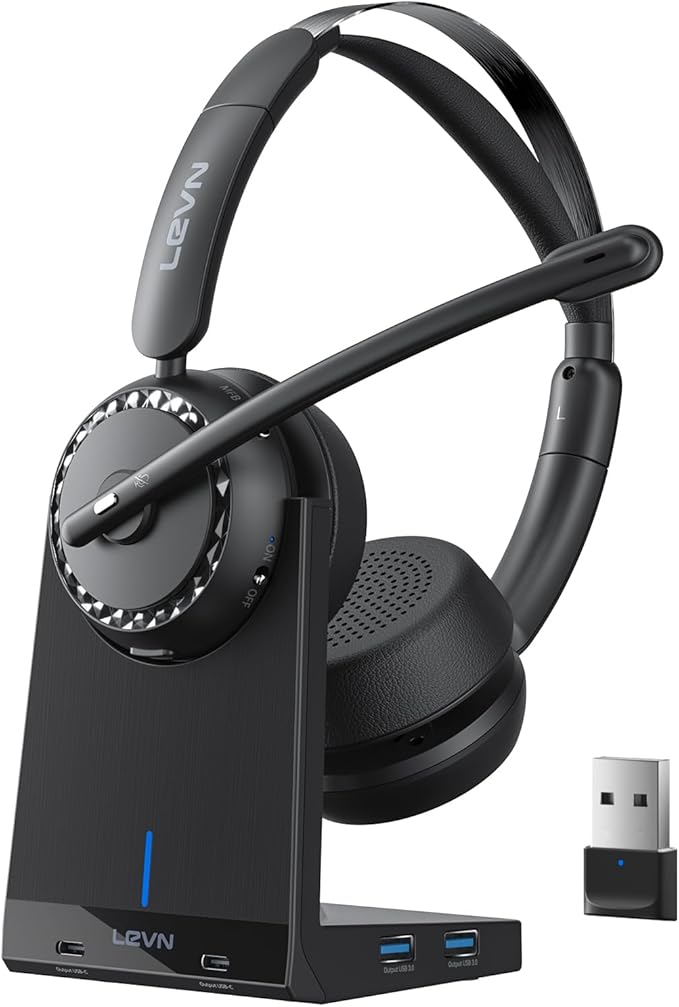 LEVN Wireless Headset, Wireless Headset with Mic for Work, AI Noise Cancelling, 65 Hrs Working Time, Bluetooth Headphones with Microphone from Home/Computer/Call Center/Teams-DeskLoop Office