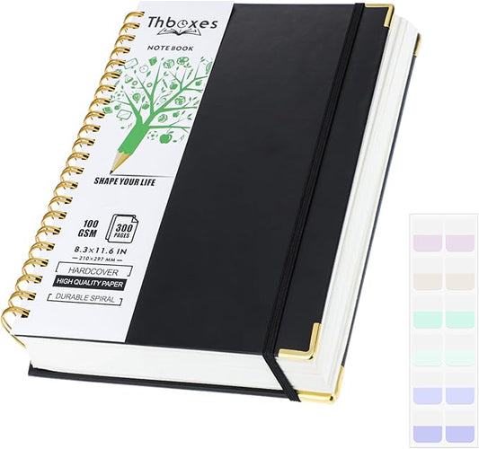Spiral Notebook 8.3” x 11.6”, 300 Pages/150 Sheets College Ruled Notebook A4 Journaling Notebook with Index Sticker, Back Pocket, Elastic Band for Work Business School Note Taking, Black-DeskLoop Office