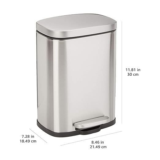 Amazon Basics Smudge Resistant Mini Rectangular Trash Can With Soft-Close Foot Pedal, Brushed Stainless Steel, for Bathroom & small space, 5 L /1.32 Gal, Satin Nickel Finish, 7.3x8.5 x11.8 in (LxWxH)-DeskLoop Office