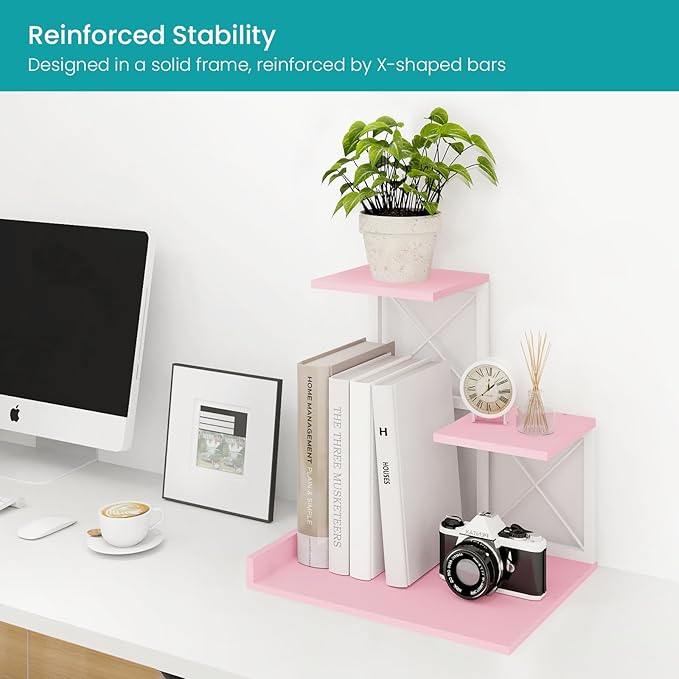 ELITEROO Desktop Shelf, Aesthetic Desk Organizer Table Top Mini Bookshelf, 3 Tier Wooden Desk Supplies Organizers and Storage Stand Cubicle Accessories for Women Office, Pink-DeskLoop Office
