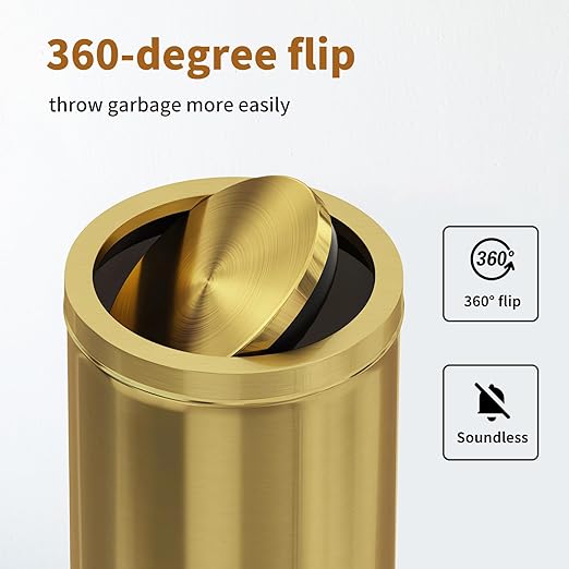 Brushed Gold Kitchen Trash Can with Swing Lid 7.8Gallon,Stainess Steel Commercial Garbage Can Wastebaskets for Shopping mall,Hotel Lobby,Airport, Elevator Entrance Using(Gold, 7.8 Gallon)-DeskLoop Office