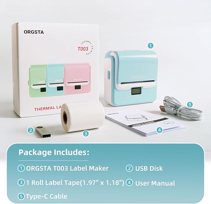 ORGSTA Label Maker Machine with Tape, T003 Thermal Label Maker, 3.15 Inch Bluetooth Label Printer Compatible with Phone & PC, Sticker Printer Barcode Thermal Maker for Small Business, Home, School-DeskLoop Office