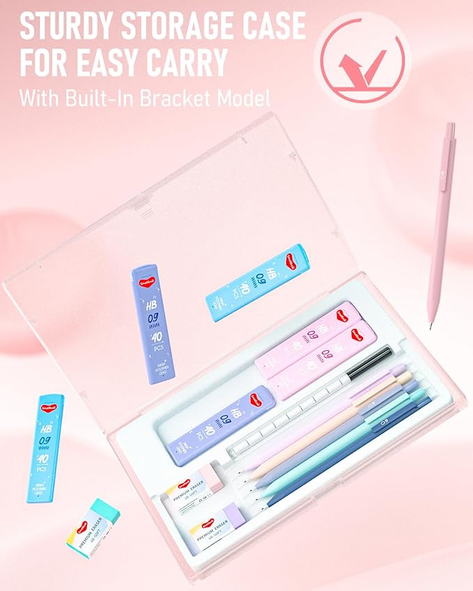 6PCS 0.9mm Mechanical Pencils Set with Case, Cute Pastel Mechanical Pencil with 160PCS HB Lead Refills, 3 Erasers, Aesthetic Back to School Supplies for Student Writing Drawing Sketching-DeskLoop Office