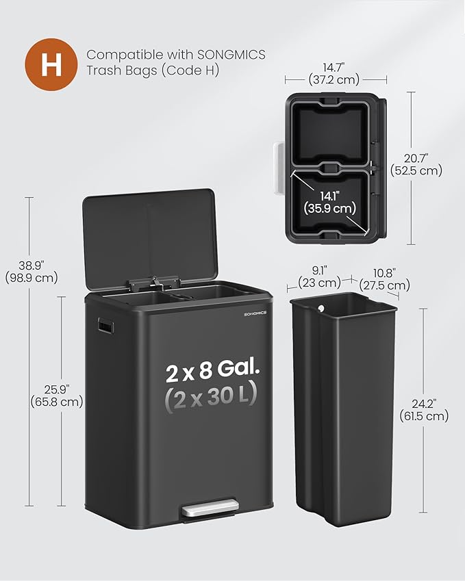 SONGMICS Trash Can, 2 x 8 Gallon (2 x 30 L) Double Garabge Can for Recycling and Waste, Stainless Steel, Soft-Close Lid, Inner Buckets, Wide Sturdy Pedal, Ink Black ULTB556B01-DeskLoop Office