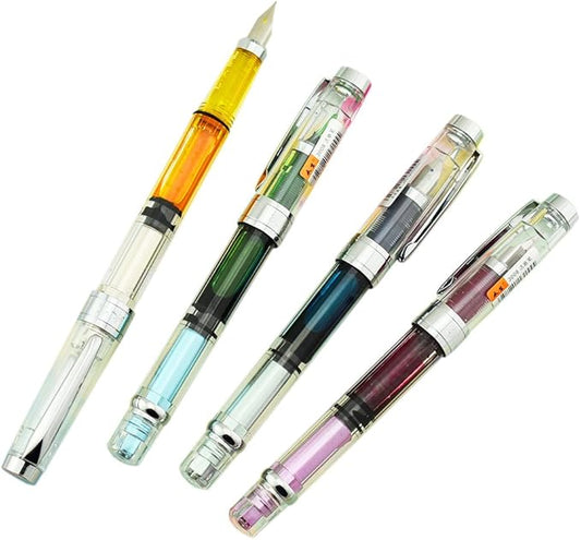 Lanxivi Yongsheng 3008 Piston Fountain Pen EF Extra Fine Nib,Transparent SilverTrim 4 Colors Set-DeskLoop Office