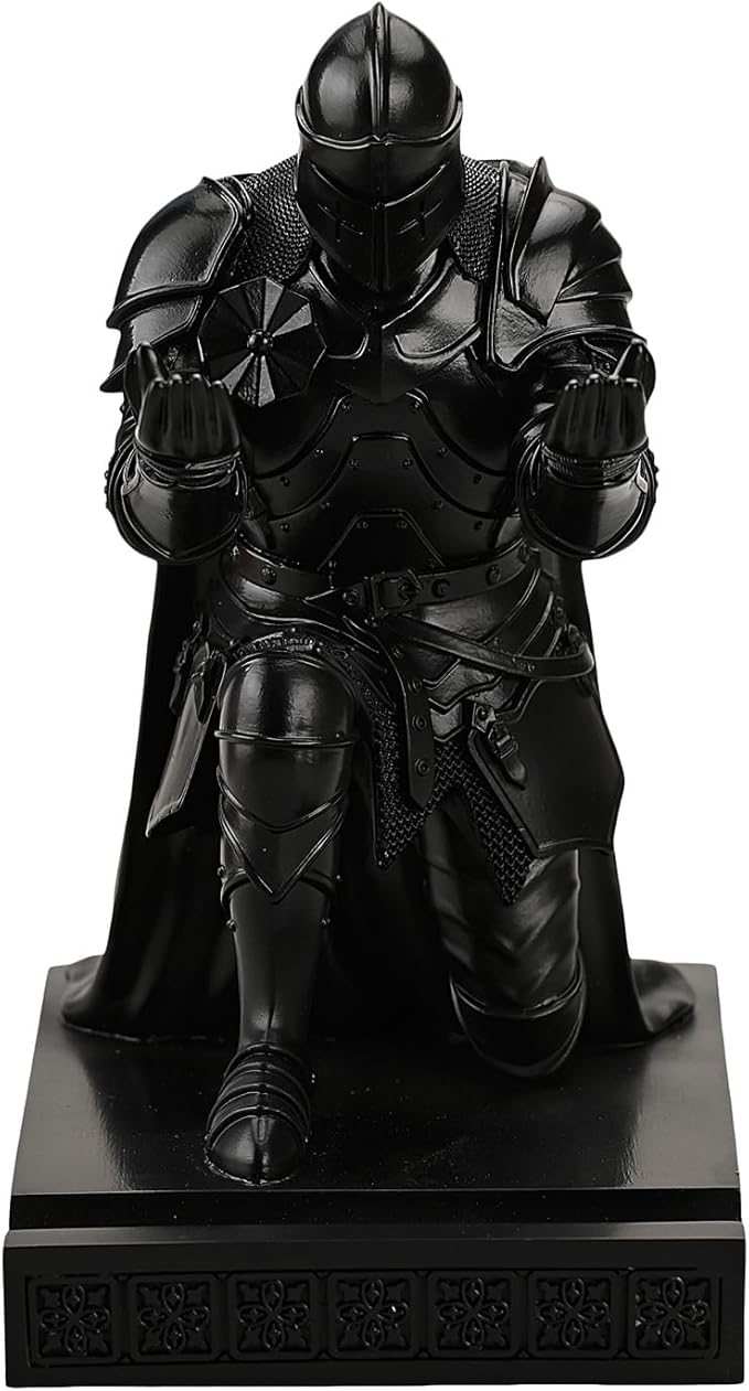 Medieval Armored Warrior Wearing Outerwear, Mobile Phone Stand Knight Pen Holder Desk Organizers, Resin Bookends Paperweight with a Letter Opener for Desk (Black)-DeskLoop Office