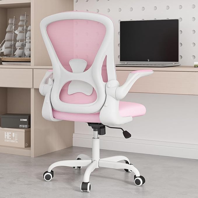 Sytas Ergonomic Desk Chair with Padded Flip up Arms and Supportive Lumbar Support, Breathable Mesh Home Office Chair with Comfortable Cushion for Home or Office(Pink)-DeskLoop Office