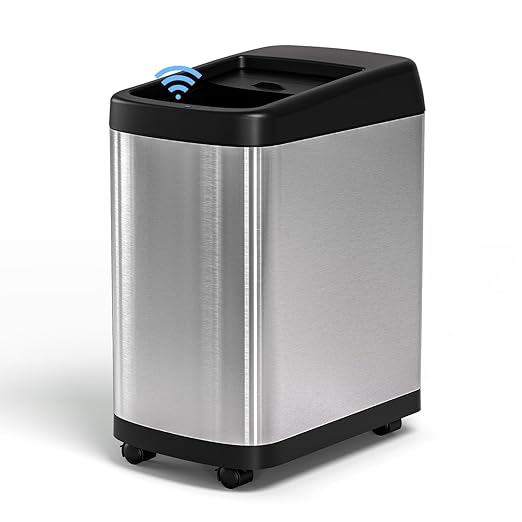 ELLO&ALLO 13 Gallon Kitchen Trash Can with Roll Up Lid, Automatic Touchless Motion Sensor Rectangular Trash Can with Wheels, Brushed Stainless Steel Finish-DeskLoop Office