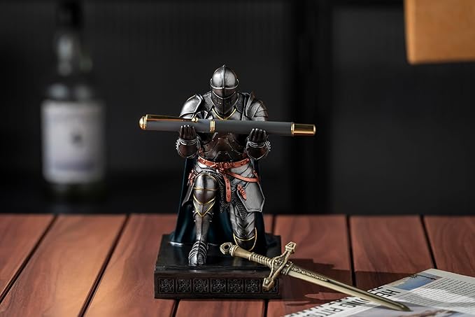 Medieval Armored Warrior Wearing Outerwear, Mobile Phone Stand Knight Pen Holder Desk Organizers, Resin Bookends Paperweight with a Letter Opener for Desk (Iron&Green)-DeskLoop Office