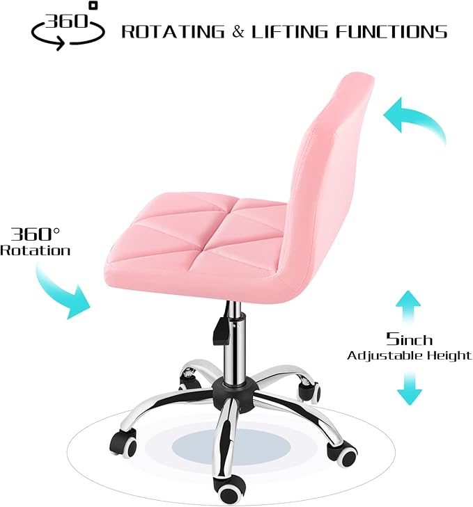 COSVALVE Armless Desk Chair, Mid Back Swivel Office Chair, Adjustable Task Chair with Rolling Wheels and Diamond Pattern, for Home Computer Barber, Pink-DeskLoop Office